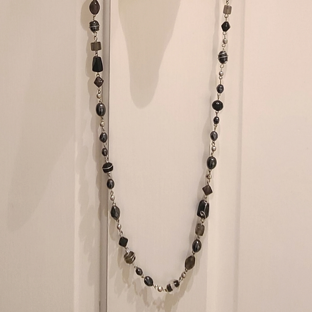 Long strand beaded necklace black glass hematite quartz silver boho hippie NWOT